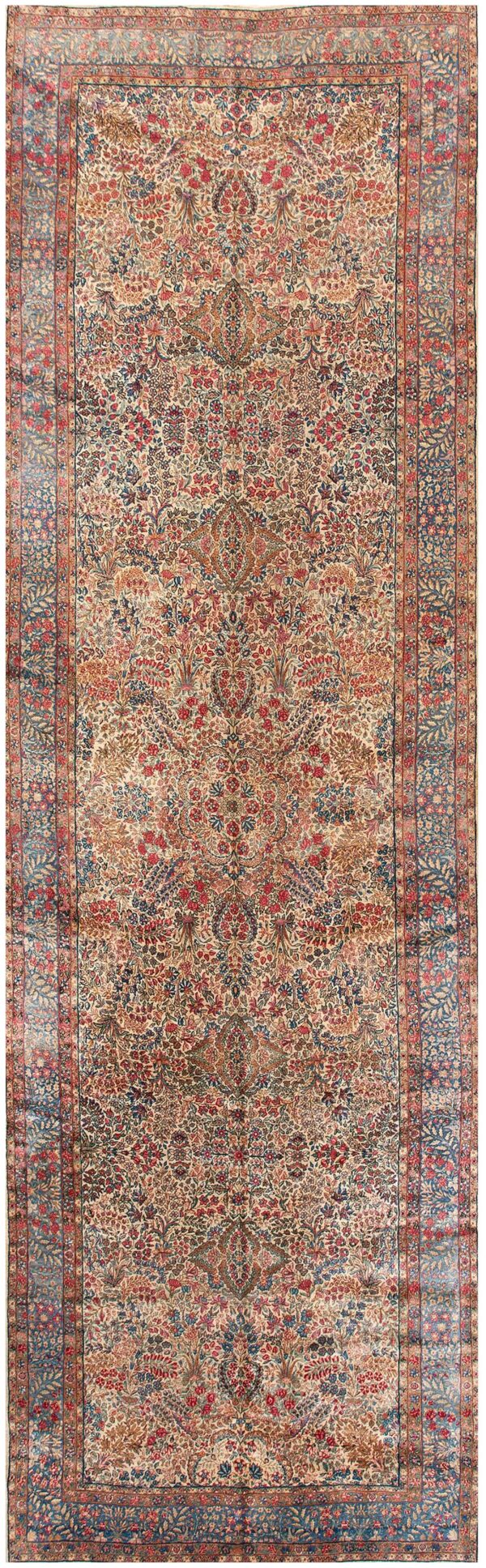 Antique s. E. Persian kirman gallery carpet 5'10"×17'10" beige field, blue border, circa 1920