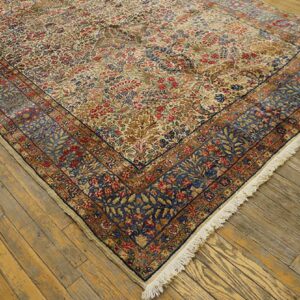 Antique S.E. Persian Kirman Gallery Carpet 5'10"×17'10" Beige Field, Blue Border, Circa 1920 - detail view 2