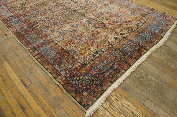 Antique s. E. Persian kirman gallery carpet 5'10"×17'10" beige field, blue border, circa 1920 - detail view 2