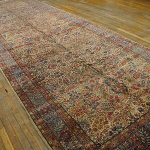 Antique S.E. Persian Kirman Gallery Carpet 5'10"×17'10" Beige Field, Blue Border, Circa 1920 - detail view 3