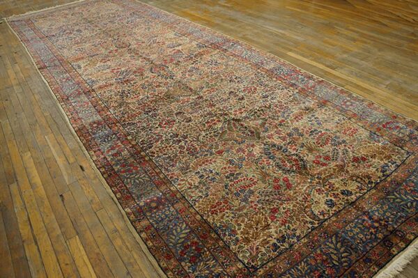 Antique s. E. Persian kirman gallery carpet 5'10"×17'10" beige field, blue border, circa 1920 - detail view 3