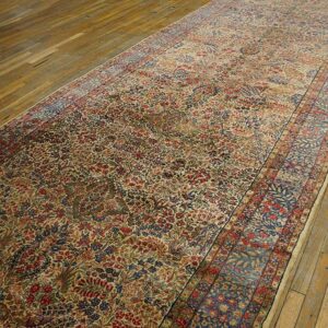 Antique S.E. Persian Kirman Gallery Carpet 5'10"×17'10" Beige Field, Blue Border, Circa 1920 - detail view 4