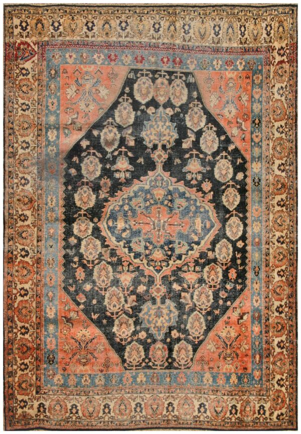 Antique s. Persian qashqai (khamse) carpet 5'2"×7'4" navy & ivory tribal, late 19th c.