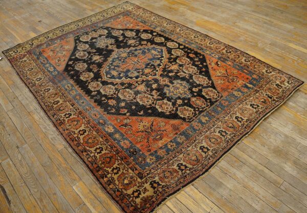 Antique s. Persian qashqai (khamse) carpet 5'2"×7'4" navy & ivory tribal, late 19th c. - detail view 1