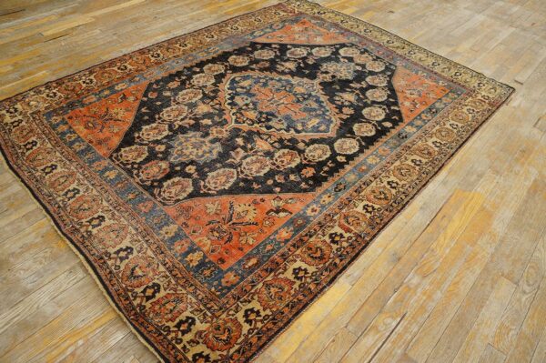 Antique s. Persian qashqai (khamse) carpet 5'2"×7'4" navy & ivory tribal, late 19th c. - detail view 2