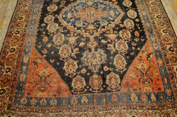Antique s. Persian qashqai (khamse) carpet 5'2"×7'4" navy & ivory tribal, late 19th c. - detail view 7