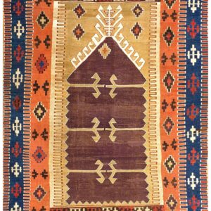 Antique Turkish Anatolian Flat-Weave Prayer Rug 3'7"×4'10" Brown & Navy, Yuruk Tradition, Circa 1890