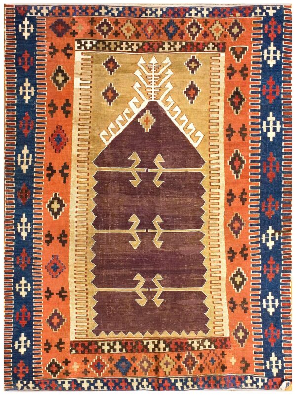 Antique turkish anatolian flat-weave prayer rug 3'7"×4'10" brown & navy, yuruk tradition, circa 1890