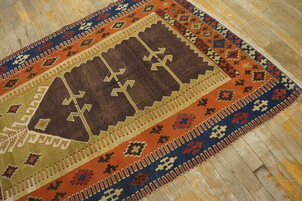 Antique turkish anatolian flat-weave prayer rug 3'7"×4'10" brown & navy, yuruk tradition, circa 1890 - detail view 9