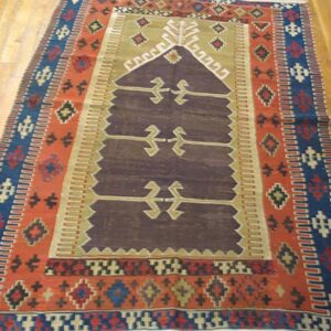 Antique Turkish Anatolian Flat-Weave Prayer Rug 3'7"×4'10" Brown & Navy, Yuruk Tradition, Circa 1890 - detail view 1