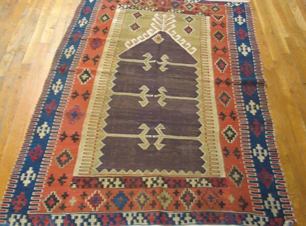 Antique turkish anatolian flat-weave prayer rug 3'7"×4'10" brown & navy, yuruk tradition, circa 1890 - detail view 1