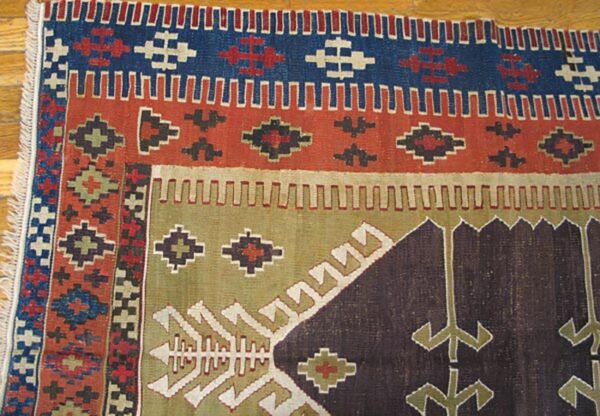 Antique turkish anatolian flat-weave prayer rug 3'7"×4'10" brown & navy, yuruk tradition, circa 1890 - detail view 2