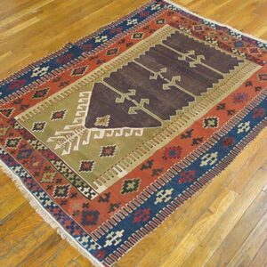 Antique Turkish Anatolian Flat-Weave Prayer Rug 3'7"×4'10" Brown & Navy, Yuruk Tradition, Circa 1890 - detail view 3