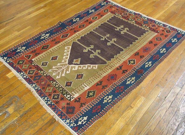 Antique turkish anatolian flat-weave prayer rug 3'7"×4'10" brown & navy, yuruk tradition, circa 1890 - detail view 3
