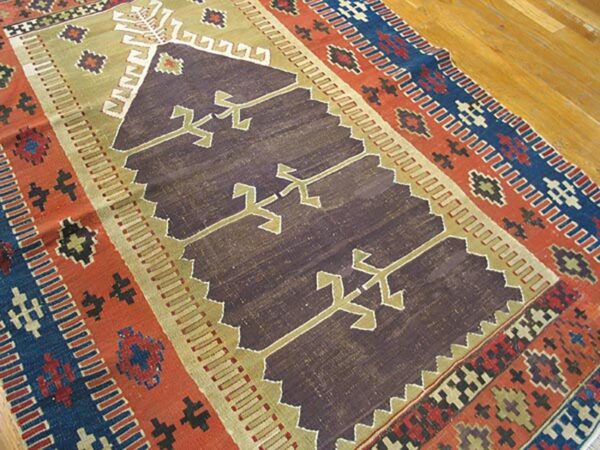 Antique turkish anatolian flat-weave prayer rug 3'7"×4'10" brown & navy, yuruk tradition, circa 1890 - detail view 4