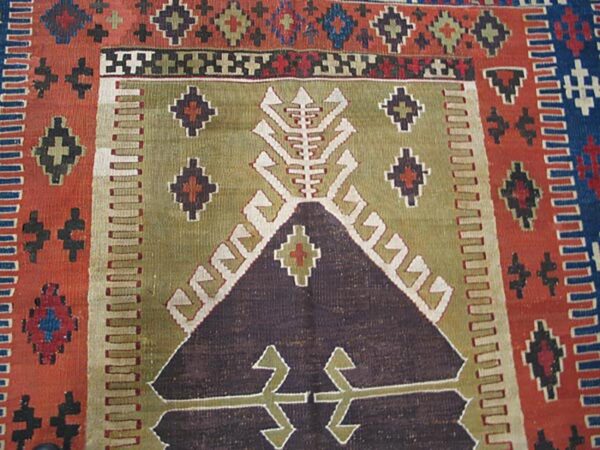 Antique turkish anatolian flat-weave prayer rug 3'7"×4'10" brown & navy, yuruk tradition, circa 1890 - detail view 5
