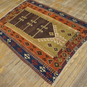 Antique Turkish Anatolian Flat-Weave Prayer Rug 3'7"×4'10" Brown & Navy, Yuruk Tradition, Circa 1890 - detail view 6