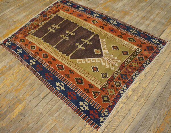 Antique turkish anatolian flat-weave prayer rug 3'7"×4'10" brown & navy, yuruk tradition, circa 1890 - detail view 6