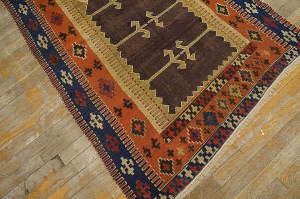 Antique turkish anatolian flat-weave prayer rug 3'7"×4'10" brown & navy, yuruk tradition, circa 1890 - detail view 7
