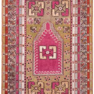 Antique Turkish Anatolian Melas Prayer Rug 4'×6' Green & Ivory, 1850s