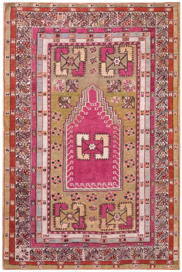 Antique turkish anatolian melas prayer rug 4'×6' green & ivory, 1850s 1 Antique turkish anatolian melas prayer rug 4'×6' green & ivory, 1850s