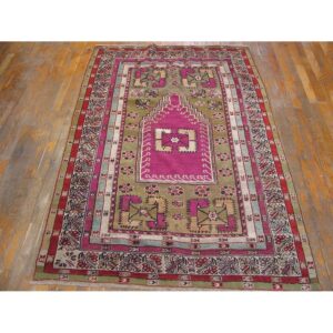 Antique Turkish Anatolian Melas Prayer Rug 4'×6' Green & Ivory, 1850s - detail view 4