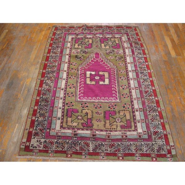 Antique turkish anatolian melas prayer rug 4'×6' green & ivory, 1850s 5 Antique turkish anatolian melas prayer rug 4'×6' green & ivory, 1850s - detail view 4