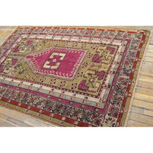 Antique Turkish Anatolian Melas Prayer Rug 4'×6' Green & Ivory, 1850s - detail view 5