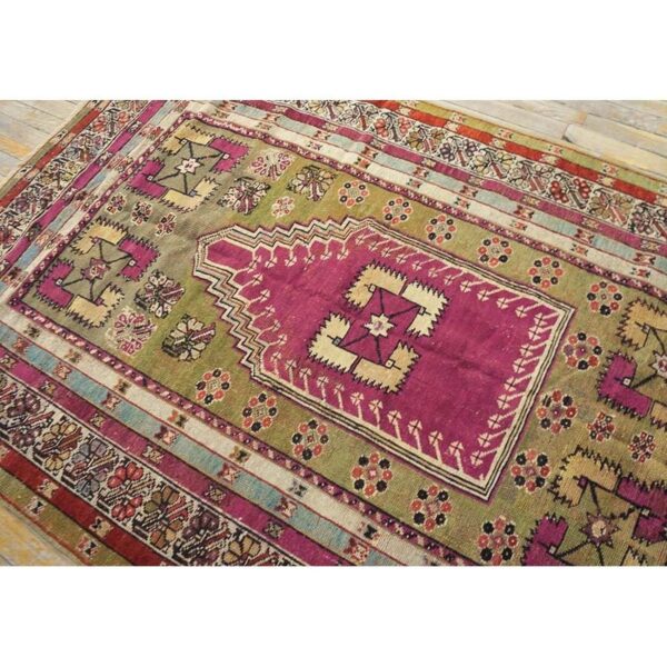 Antique turkish anatolian melas prayer rug 4'×6' green & ivory, 1850s 7 Antique turkish anatolian melas prayer rug 4'×6' green & ivory, 1850s - detail view 6