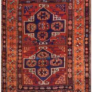 Antique Turkish Anatolian Yuruk Carpet 4'3"×5'6" Red Rust Geometric, Salmon Border, 1880s
