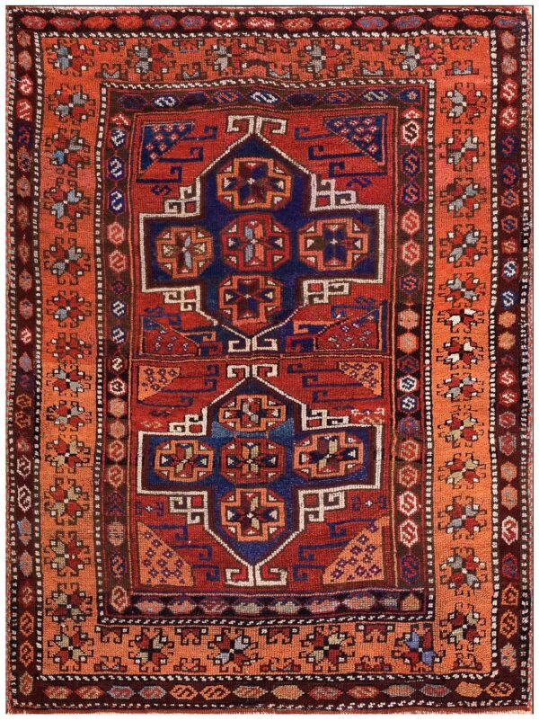 Antique turkish anatolian yuruk carpet 4'3"×5'6" red rust geometric, salmon border, 1880s