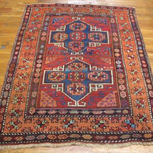 Antique Turkish Anatolian Yuruk Carpet 4'3"×5'6" Red Rust Geometric, Salmon Border, 1880s - detail view 1