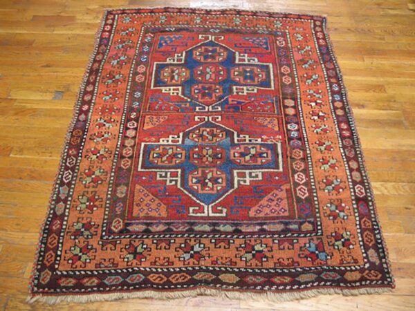 Antique turkish anatolian yuruk carpet 4'3"×5'6" red rust geometric, salmon border, 1880s - detail view 1
