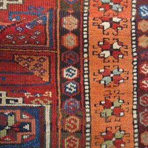 Antique Turkish Anatolian Yuruk Carpet 4'3"×5'6" Red Rust Geometric, Salmon Border, 1880s - detail view 3