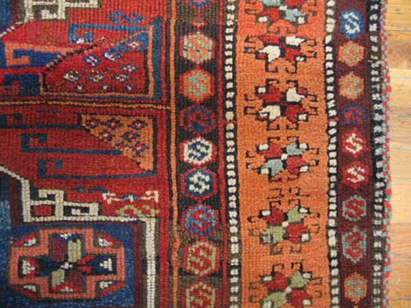 Antique turkish anatolian yuruk carpet 4'3"×5'6" red rust geometric, salmon border, 1880s - detail view 3