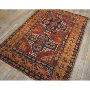 Antique Turkish Anatolian Yuruk Carpet 4'3"×5'6" Red Rust Geometric, Salmon Border, 1880s - detail view 4