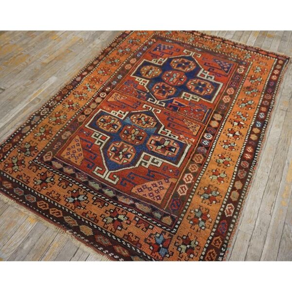 Antique turkish anatolian yuruk carpet 4'3"×5'6" red rust geometric, salmon border, 1880s - detail view 4