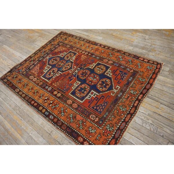 Antique turkish anatolian yuruk carpet 4'3"×5'6" red rust geometric, salmon border, 1880s - detail view 6
