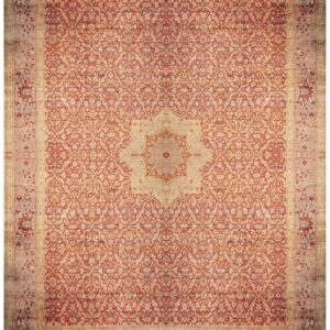Antique Turkish Hereke Carpet 20'×25' Rust Field, Lavender Border, Monumental Square Format, Circa 1920