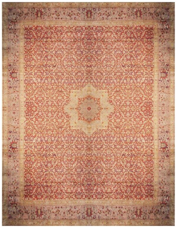 Antique turkish hereke carpet 20'×25' rust field, lavender border, monumental square format, circa 1920