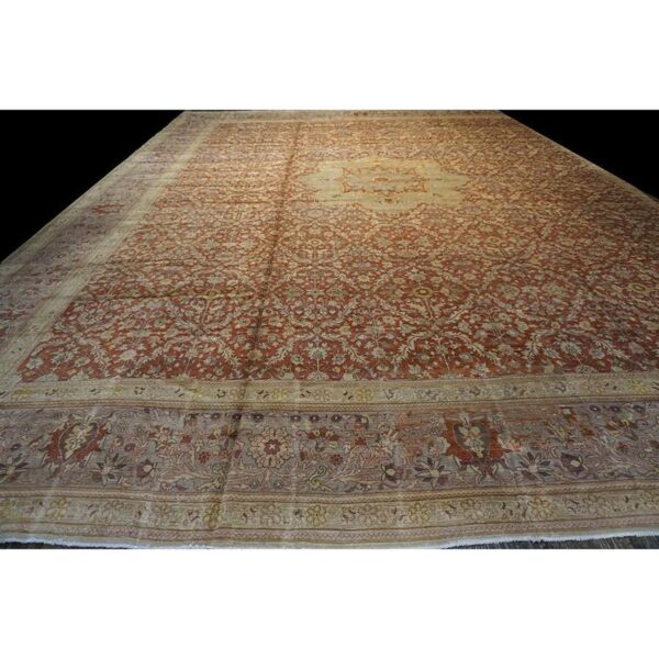 Antique turkish hereke carpet 20'×25' rust field, lavender border, monumental square format, circa 1920 - detail view 1