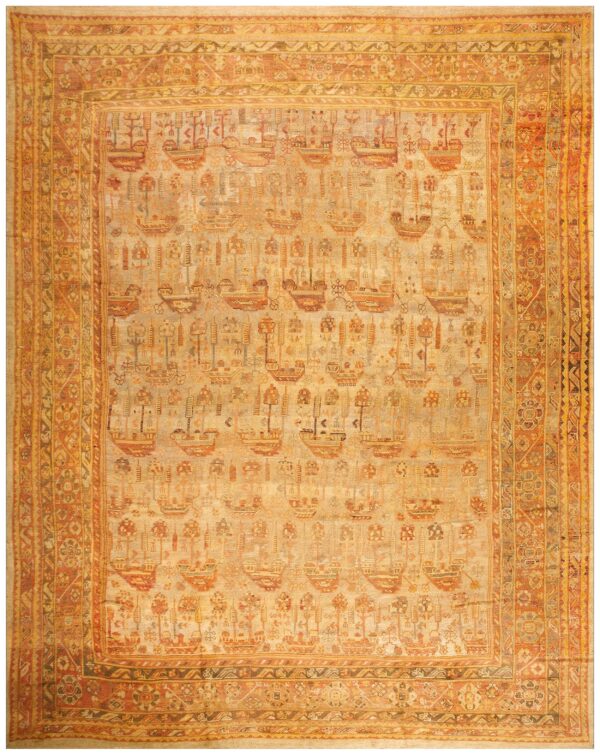 Antique turkish oushak carpet 12'3"ã—15'10" beige field, rust border, allover pattern, circa 1930