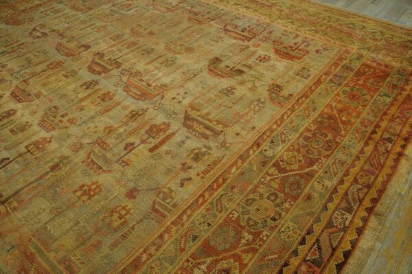 Antique turkish oushak carpet 12'3"ã—15'10" beige field, rust border, allover pattern, circa 1930 - detail view 9