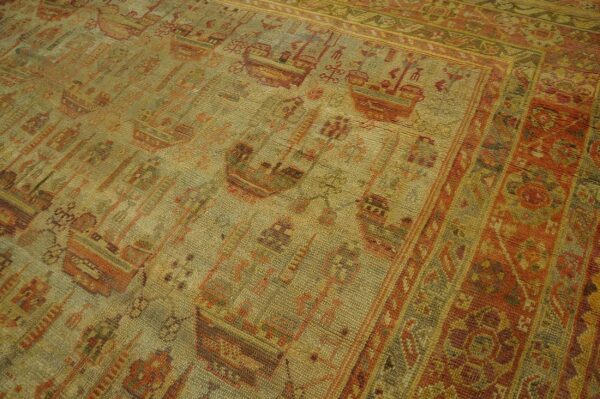 Antique turkish oushak carpet 12'3"ã—15'10" beige field, rust border, allover pattern, circa 1930 - detail view 11