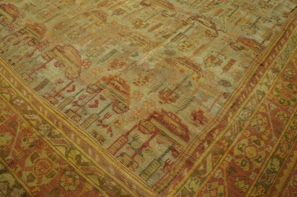 Antique turkish oushak carpet 12'3"ã—15'10" beige field, rust border, allover pattern, circa 1930 - detail view 12