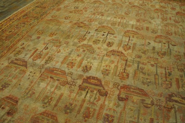 Antique turkish oushak carpet 12'3"ã—15'10" beige field, rust border, allover pattern, circa 1930 - detail view 13