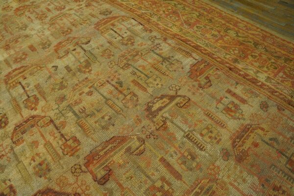 Antique turkish oushak carpet 12'3"ã—15'10" beige field, rust border, allover pattern, circa 1930 - detail view 14