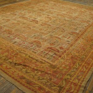 Antique Turkish Oushak Carpet 12'3"Ã—15'10" Beige Field, Rust Border, Allover Pattern, Circa 1930 - detail view 1