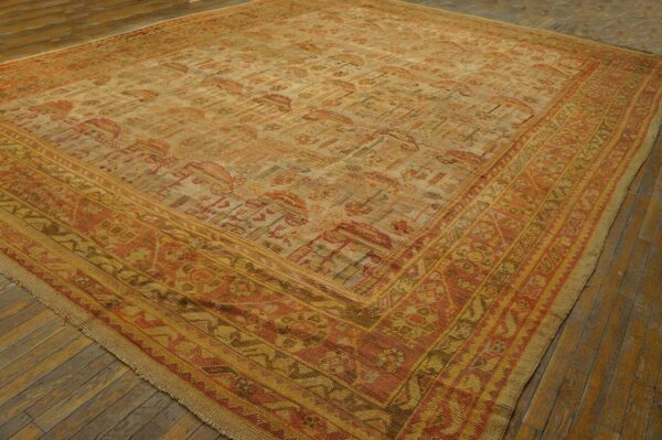 Antique turkish oushak carpet 12'3"ã—15'10" beige field, rust border, allover pattern, circa 1930 - detail view 1