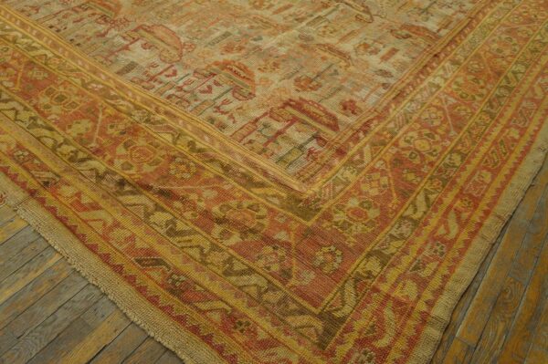 Antique turkish oushak carpet 12'3"ã—15'10" beige field, rust border, allover pattern, circa 1930 - detail view 2